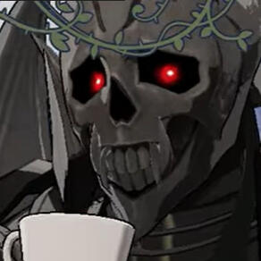 A cropped screenshot of the Death Knight from "Fire Emblem: Three Houses" drinking tea because of a mod. Screenshot is taken from DeathChaos' video "Tea Time with Jeralt, Sothis and more! (Spoilers!)".